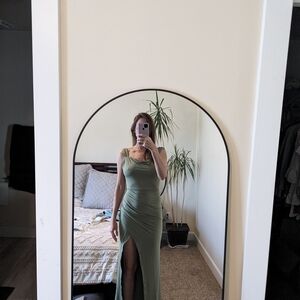 Sleek Olive Green Ruched Slit Maxi Dress